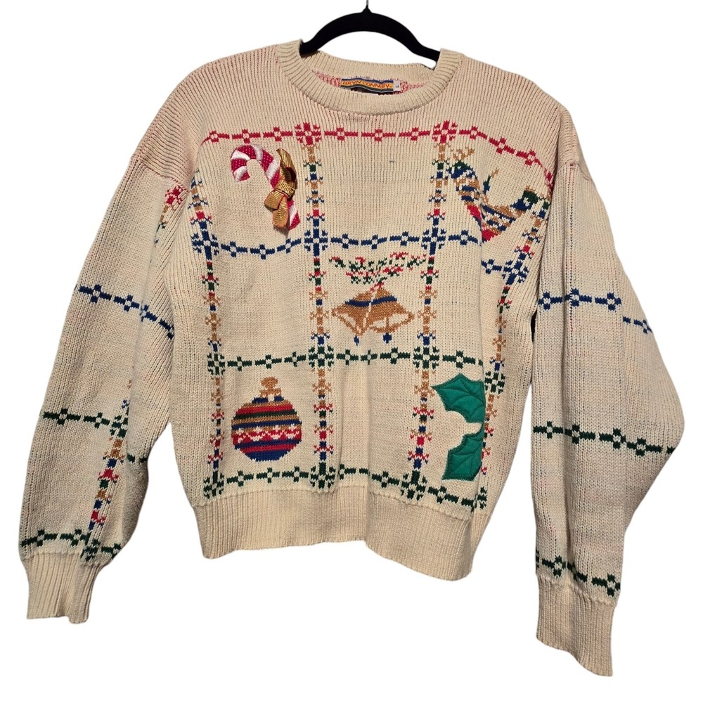 Vtg Bryn Connelly Christmas Sweater Womens LG Embroider Applique Bow Grandmacore